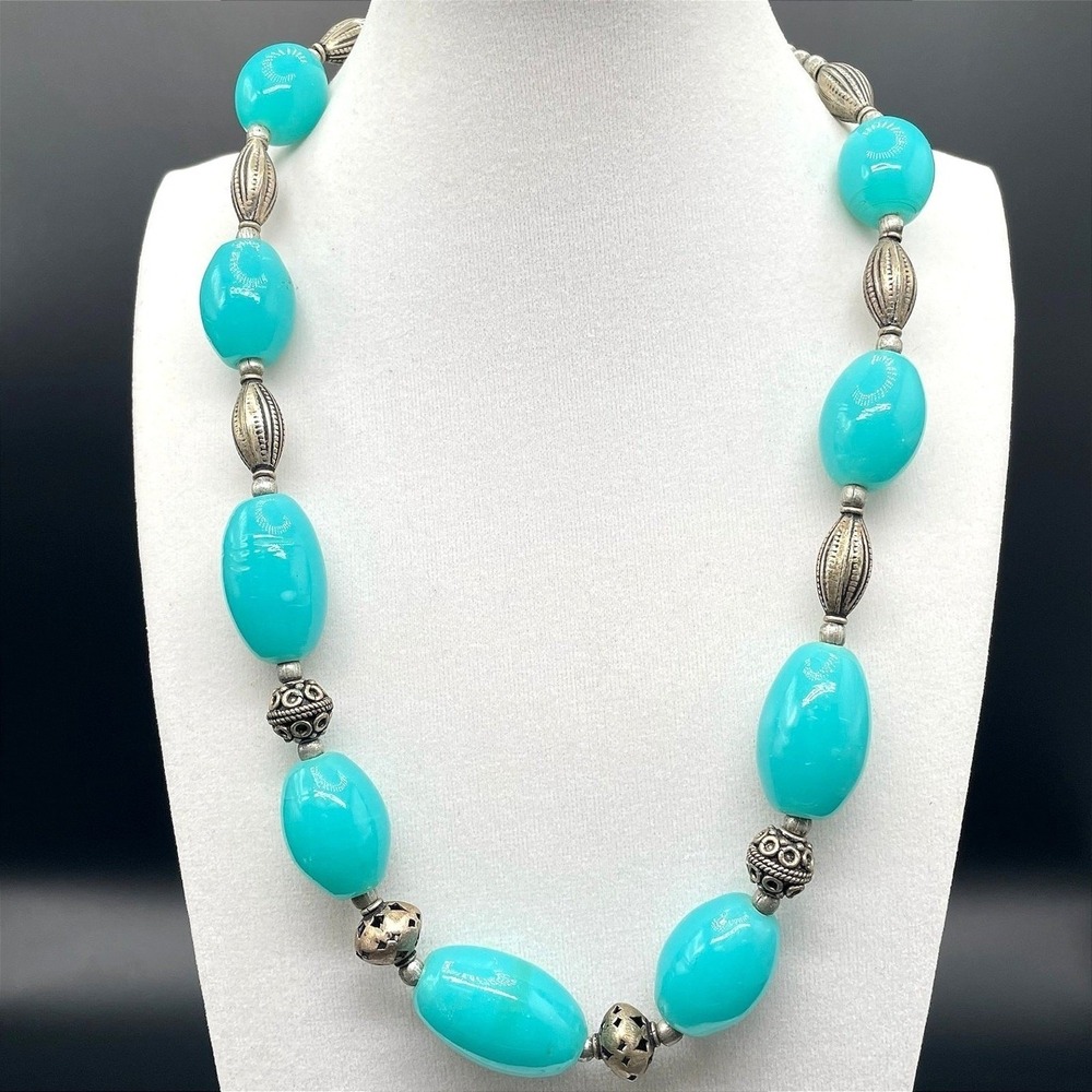 Vintage Classic Teal Blue Adjustable Chunky Glass Beaded Necklace Statement Boho